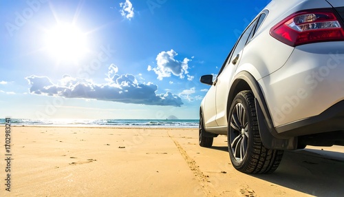 White SUV on sunny beach