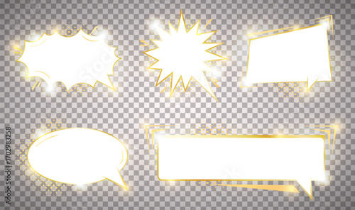 Pack of detailed empty gold shinig comic speech bubbles. Golden isolated on transparent background. Vintage art style graphic elements. Light effects. Vector illustration