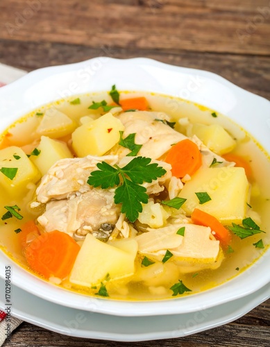 Creamy chicken noodle soup in white bowl, with potatoes and carrots