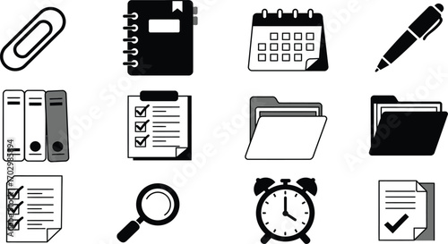 a collection of black and white icons commonly associated with office tools and productivity. These icons represent various functions and features found in office