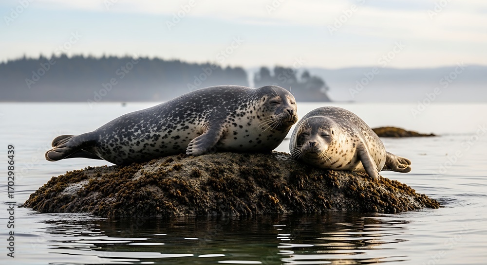 Fototapeta premium Harbor Seals Resting on Rocky Outcrop in Calm Water.