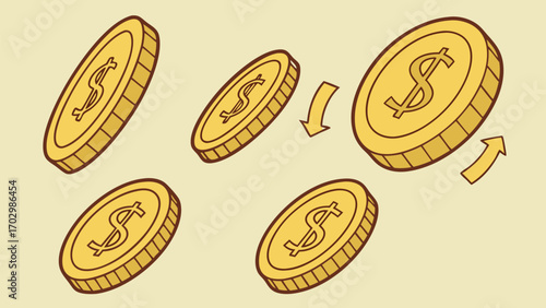 Golden dollar coins are illustrated, showing monetary exchange with simple arrow symbols