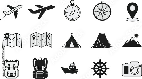 collection of black and white travel and adventure-themed icons,The set includes a wide range of symbols related to travel and tourism, such as airplanes, maps, compasses, tents, mountains, backpacks,