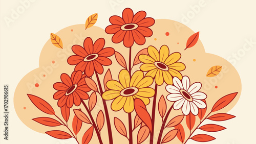 Orange, yellow, and white flowers are beautifully arranged with leaves and thin stems on background