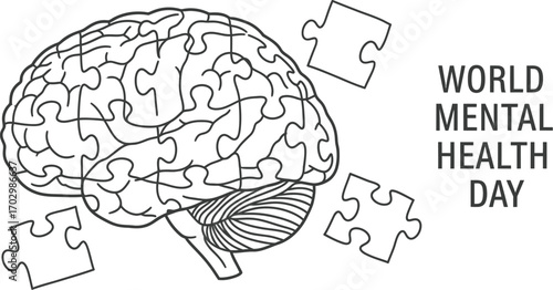 Vector illustration of a brain with puzzle pieces symbolising World Mental Health Day