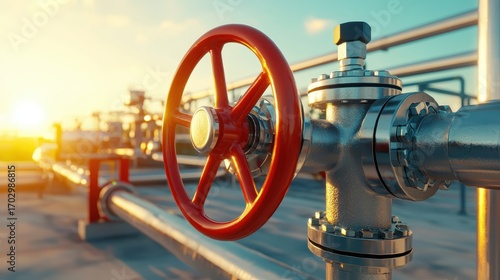Red Industrial Valve Wheel with Metal Pipe Against Bright Sunrise Sky at Oil or Gas Processing Facility