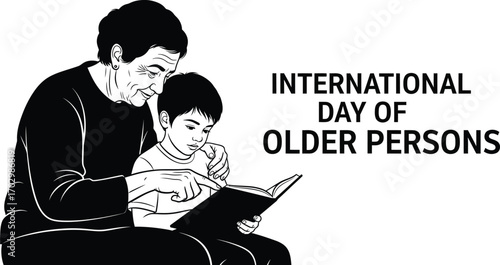 Vector illustration of a grandmother reading to her grandson symbolising International Day of Older Persons