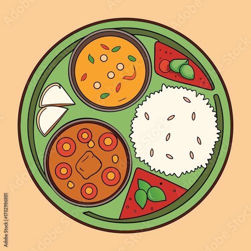 Assorted vegetarian dishes featuring curry, rice, and tomato chutney sit plated on a circular thali