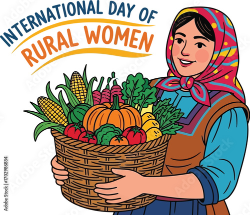 Vector illustration of a cheerful rural woman carrying a basket of fresh produce symbolising International Day of Rural Women
