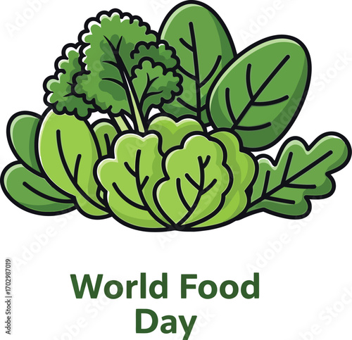 Vector illustration of fresh vegetables like lettuce, spinach, and cilantro for World Food Day