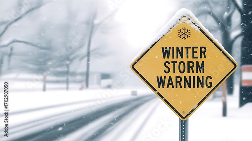 Winter storm warning sign with snow covered road creates a sense of danger and caution