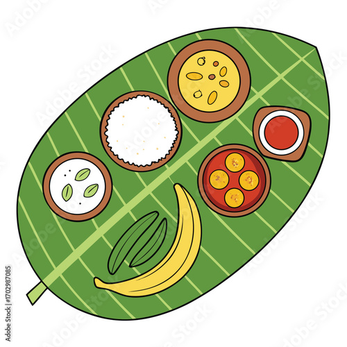 Festive meal presenting rice, vegetable curries and banana served on banana leaf