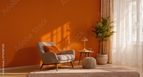 Cozy living room interior design with armchair, orange wall, and natural light