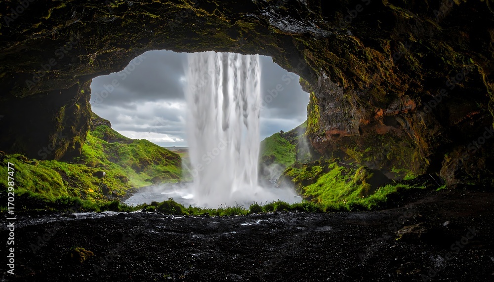 Fototapeta premium Waterfall cascading into a cave, lush green landscape