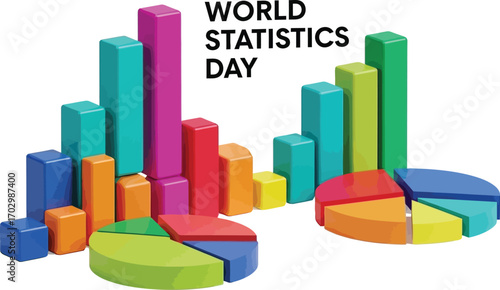 Vector art for World Statistics Day, featuring colourful bar graphs and pie charts,