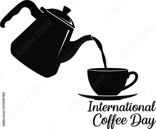 Vector art of a silhouette of a coffee pot pouring coffee into a cup, representing International Coffee Day