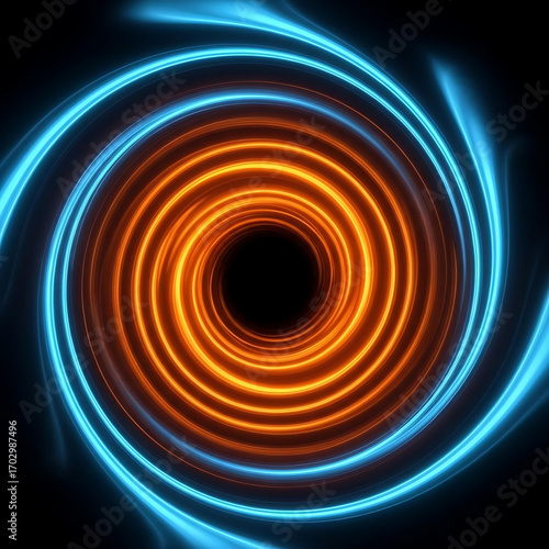 Abstract Vector illustration of a mesmerizing energy vortex made of concentric glowing orange rings, surrounded by swirling blue neon currents in a cosmic black space