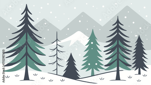 Winter scenery showing coniferous trees with snow falling against a backdrop of mountainous terrain