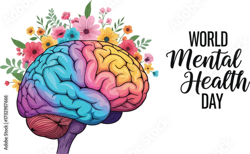 Vector art of a colourful brain with flowers for a World Mental Health Day