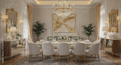 Elegant Dining Room Interior Design with Gold Accents and Modern Furniture
