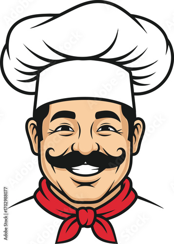 Vector art of a cheerful chef with a moustache and a red neckerchief, wearing a tall white chef's hat, radiating culinary expertise and joy.