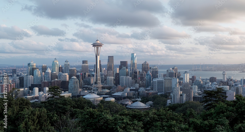 Fototapeta premium Elevated cityscape view at sunset, featuring skyscrapers and a tall tower, overlooking lush green vegetation.