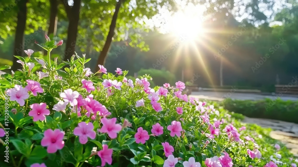 Naklejka premium Beautiful pink flowers blooming in a lush garden with sunlight shining through trees during a serene morning