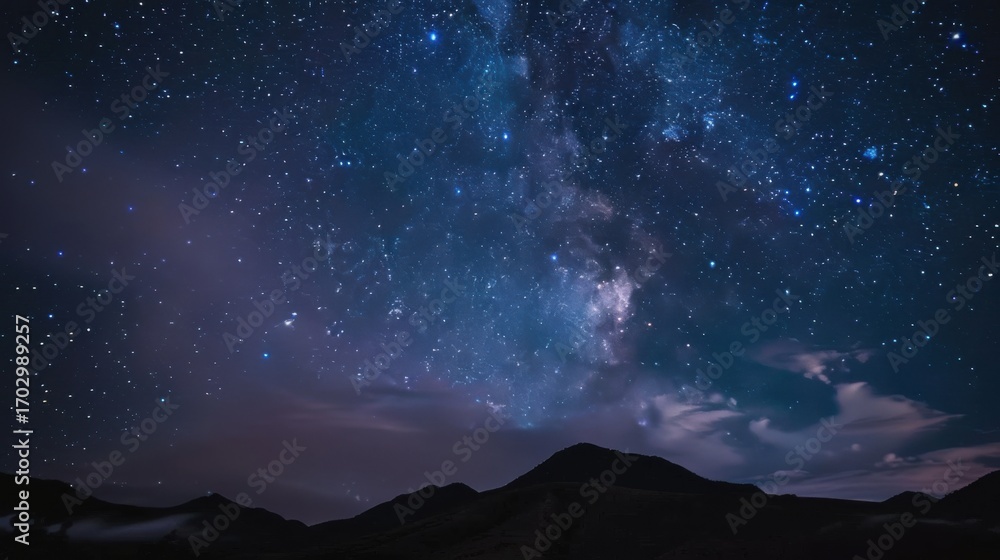 Fototapeta premium Starry Night Sky over Mountains: Abstract Illustration of Deep Space, Galaxies, Nebulas & Planets