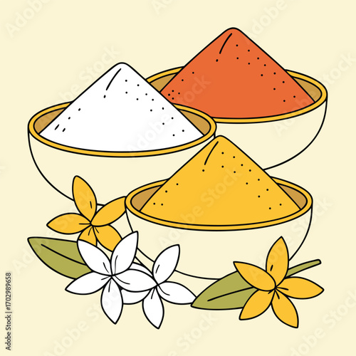 Three bowls containing white, yellow and orange piles are arranged near white and yellow flowers