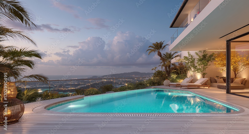 Fototapeta premium Luxury Villa Pool, Sunset View, Tropical Paradise, Modern Architecture, Nighttime Scene