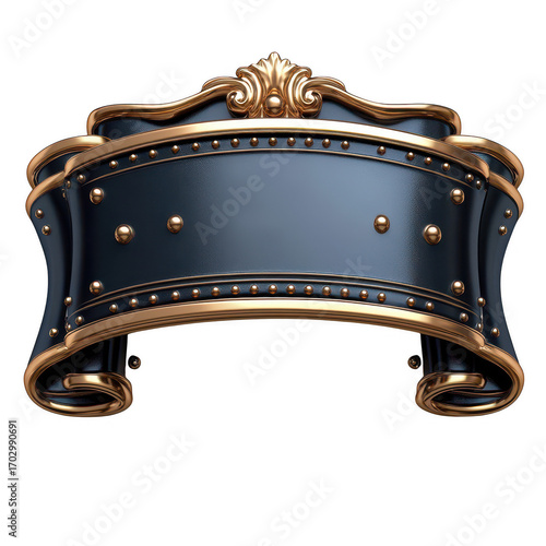 Ornate dark metal banner with golden decorative elements and rivets isolated on transparent background