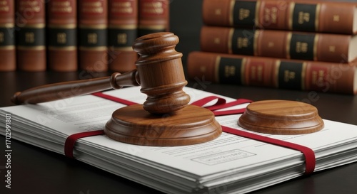 The justice gavel resting, signifying decision on stacked legal documents