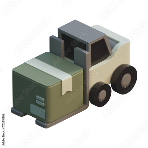 An isometric 3D icon of a delivery truck with a cardboard box, representing e-commerce logistics, package shipping, and freight transportation industry services