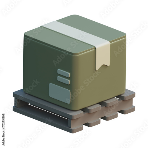 3D illustration of a packed cardboard box on a wooden pallet, ready for shipping and delivery, depicting logistics and distribution concepts