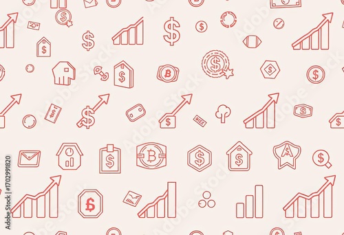 Seamless pattern of minimalist outline financial icons depicting growth, ideal for financial backgrounds,  seamless pattern,  minimal