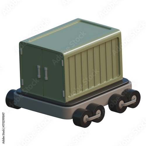 A simple, stylized 3D render of a green cargo container on a wheeled platform, isolated on a white background, conveying logistics and transport concepts