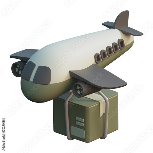 Fast Global Air Delivery A sleek 3D airplane swiftly carries a securely wrapped package, embodying efficient worldwide logistics, e-commerce, and reliable parcel services