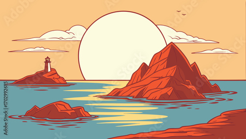 Cartoon lighthouse stands on a rocky island with large sun behind jagged mountains