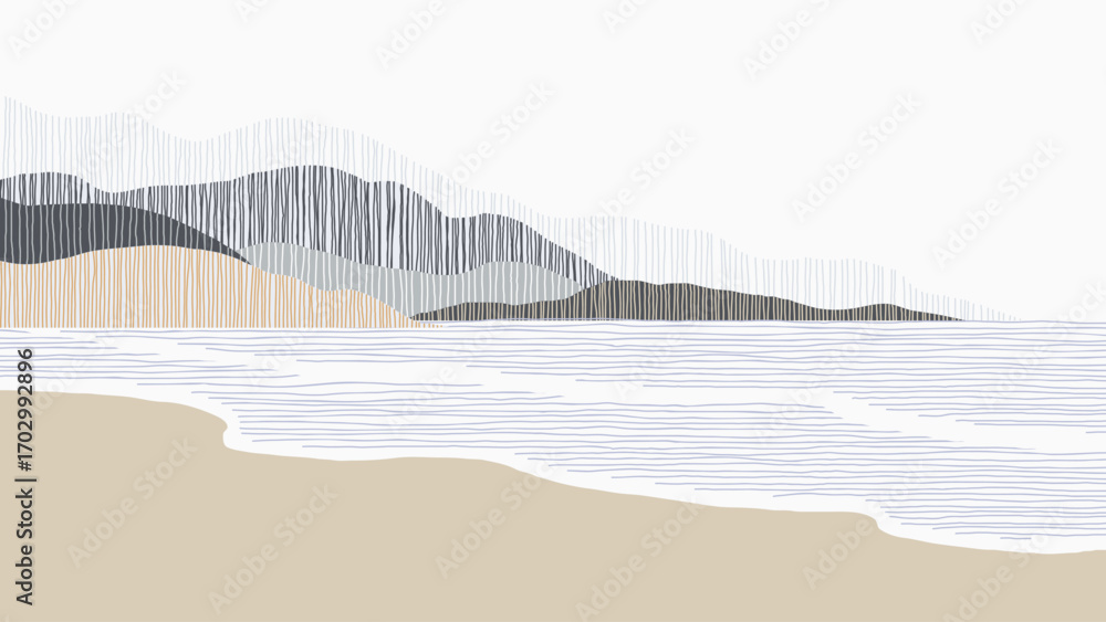 custom made wallpaper toronto digitalMinimalist abstract landscape featuring a serene scene of beach and ocean scene filled with lines of muted purple and grey tones