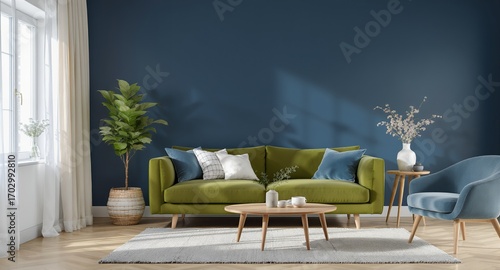 Modern Living Room Interior Design with Green Sofa and Blue Accent Chair