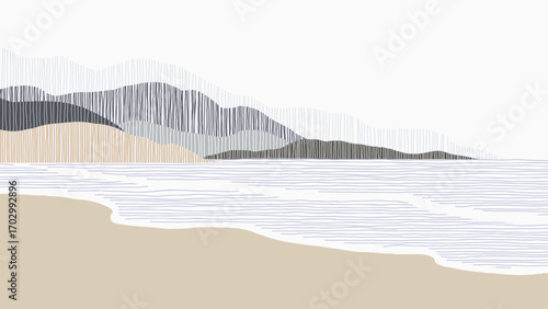 Minimalist abstract landscape featuring a serene scene of beach and ocean scene filled with lines of muted purple and grey tones