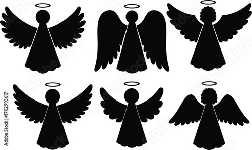 Angel silhouette vector set with halos and wings in various styles, perfect for Christmas, spiritual, and religious design themes.