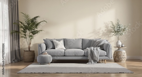Modern living room interior design, neutral colors, gray sofa, plants, rug, home decor, cozy atmosphere, minimalist style, comfortable furniture, stylish home, interior scene, room design, home s