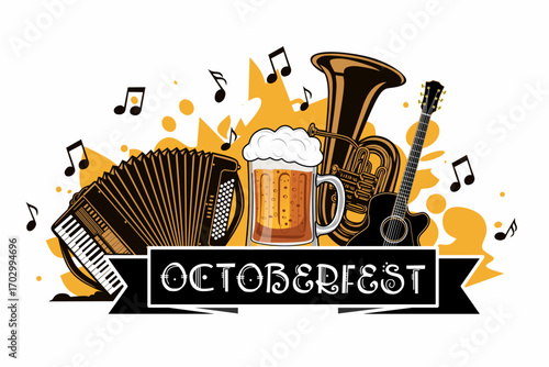 Festive Artistic Oktoberfest Celebration with Traditional Instruments and Beer Illustration