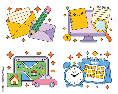 Cute cartoon icons representing communication planning and travel for your next project