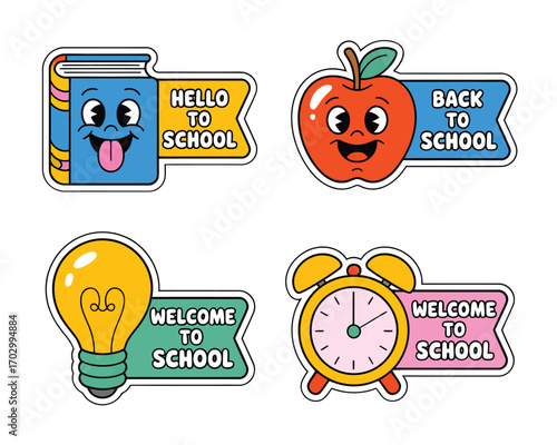 Back to school stickers featuring a book apple lightbulb and alarm clock with cute faces and welcome messages
