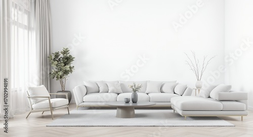 Modern Minimalist Living Room Interior Design with White Sofa and Armchair