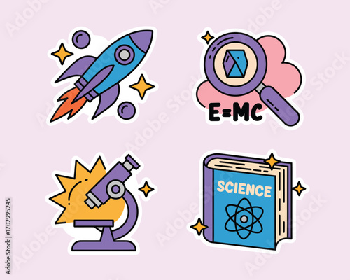 Cute science stickers featuring a rocket magnifying glass microscope and science book