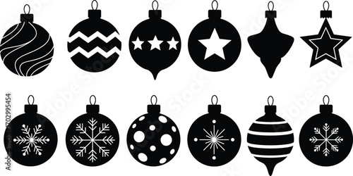 Black Christmas ornaments collection with stars, snowflakes, stripes, waves, and unique shapes, festive holiday decorations vector silhouette set.