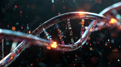 Macro close up of dna double helix strand glowing with digital particles futuristic biotechnology illustration symbolizing genetic research innovation medicine and molecular healthcare study